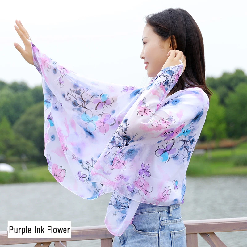 Womens Sun Protection Cloak Purple Ink Flower