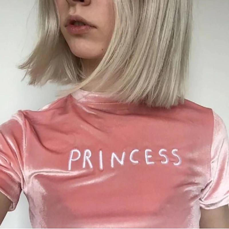 

Summer Velvet Shirt Women T-Shirt Short Sleeve Tee Shirt Top Letter PRINCESS Print Embroidery Tumblr Harajuku Tshirt