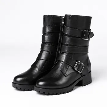 

MLJUESE 2019 women Mid-calf boots cow leather winter warm fur buckle strap women motorcycle boots women boots