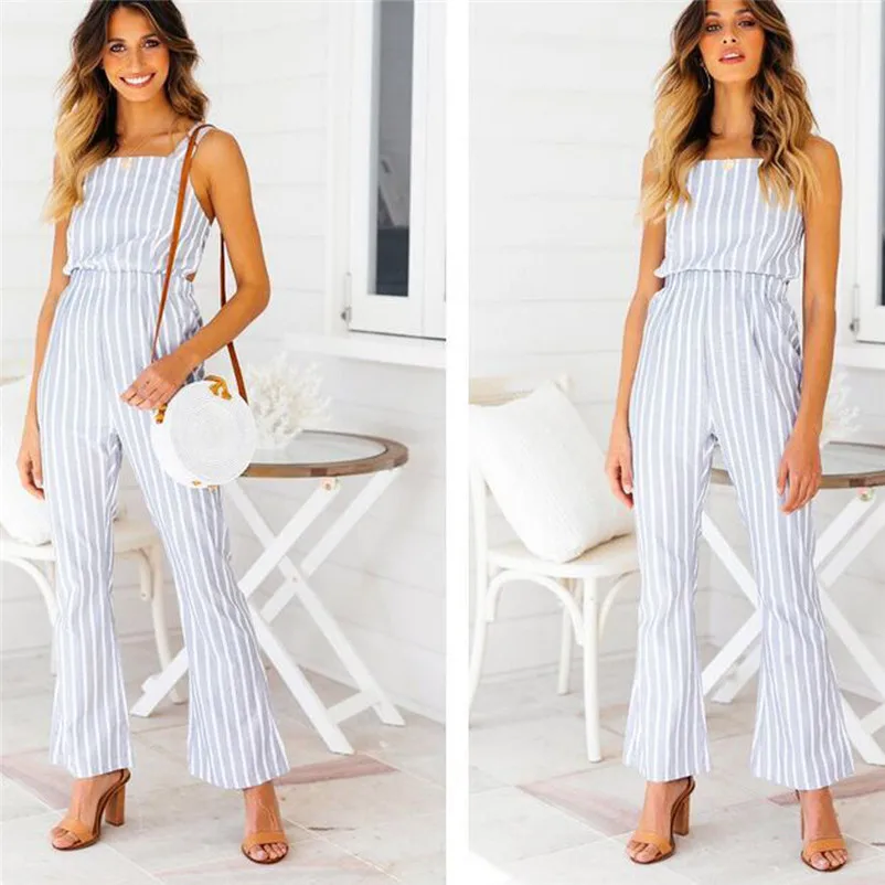 Fashion summer jumpsuit woman 2018 Sleeveless Stripe Jumpsuits Loose Playsuit Long Wide leg Trouser pantaloni siamesi A02#N (2)
