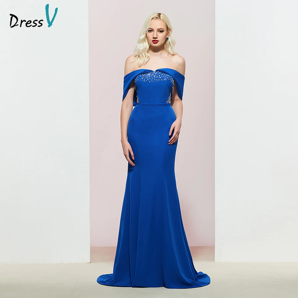 

Dressv royal blue elegant off the shoulder evening dress beading floor length wedding party formal gown dress evening dresses