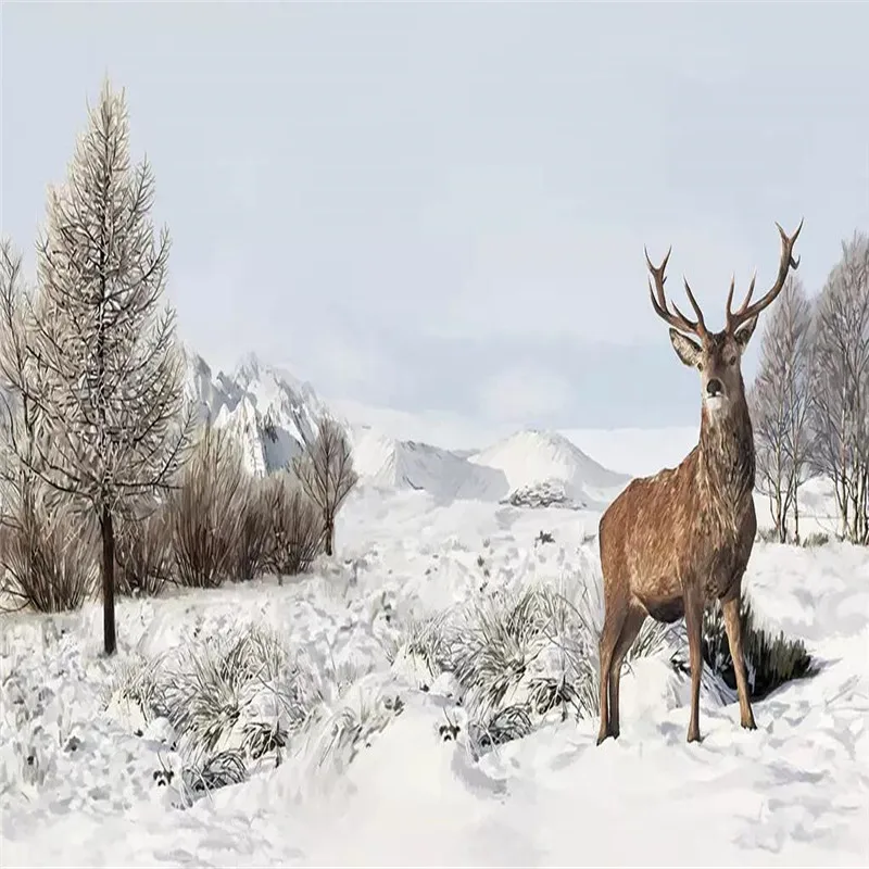 Hand-painted snow deer TV background wall custom high-end mural factory wholesale wallpaper mural photo wall Hand-painted snow deer TV background wall custom high-end mural factory wholesale wallpaper mural photo wall