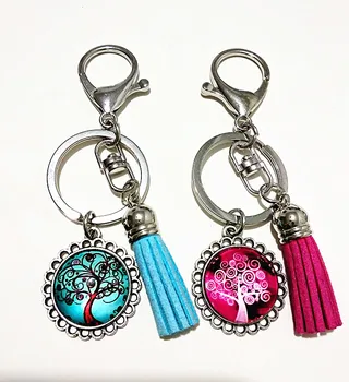 

24pcs (6 designs) Cartoon Tree of life Key chains Glass Key buckle Ancient silver Key Ring