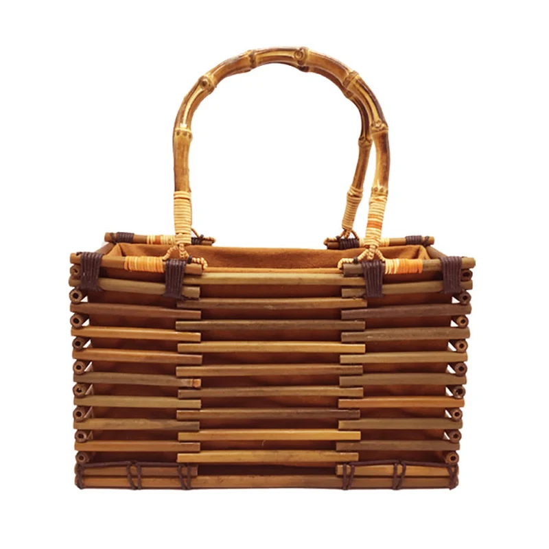 vWomen Vintage Bamboo Bag Drawstring Female Beach Straw Handbag