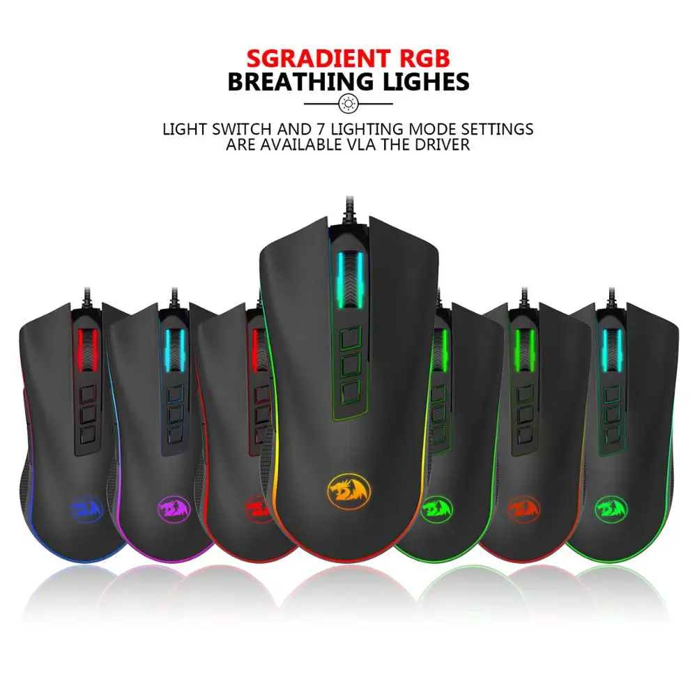 Redragon M711 COBRA Gaming Mouse Wired RGB LED Color Backlit 16.8 Million Chroma 10000 DPI 7 Programmable Buttons Gamer for Dota