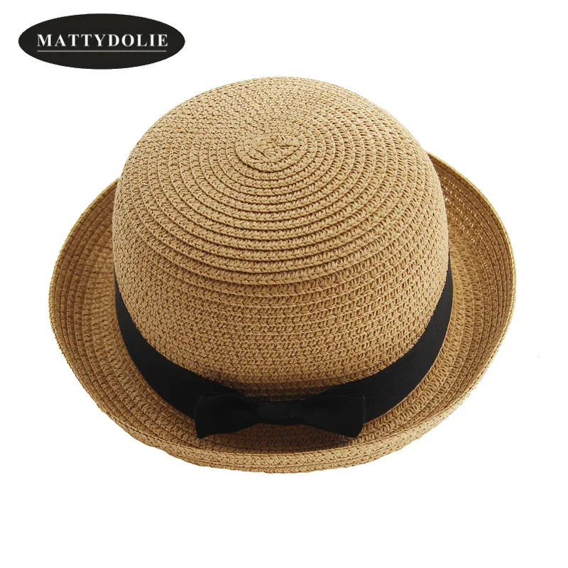 

MATTYDOLIE Straw hat girl and boy summer hat bow tie ladies men fold beach sun hat parent-child couple hat