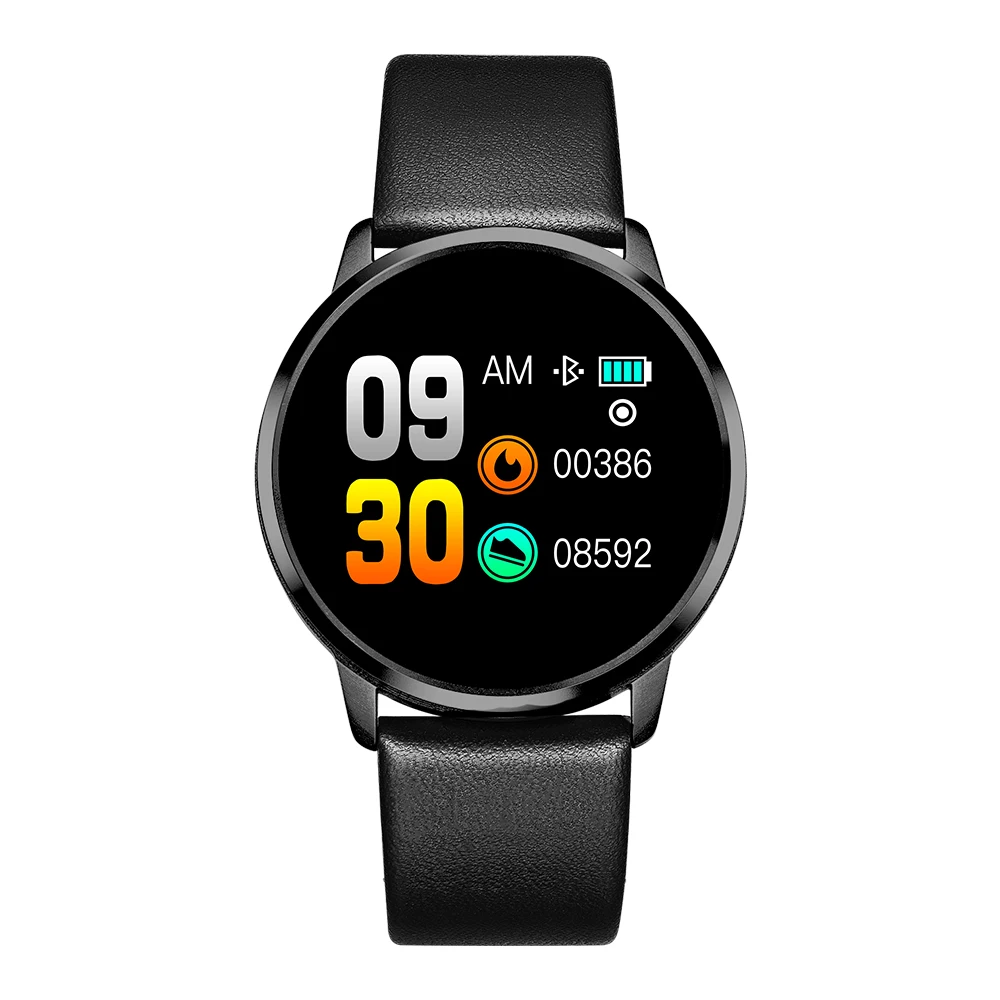 Смартчасы RUNDOING Q8 OLED дисплей умные часы женские фитнес трекер датчик сердцебиения кровяное давление мужские часы - Цвет: Black leather strap