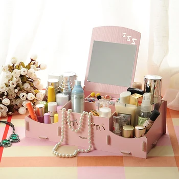 

New Creative Wooden Makeup Storage Box Home Desktop Cosmetic Organizer Jewelry Container Women Makeup Tools Case With Mirror