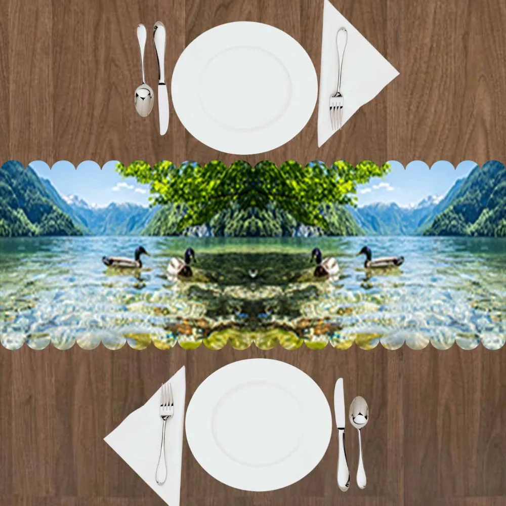 

Else Green Trees Blue Lake Ducks Animals Floral Nature 3d Print Pattern Modern Table Runner for Kitchen Dining Room Tablecloth