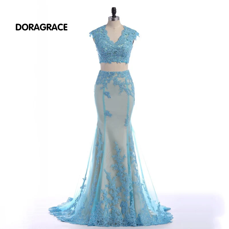 

Glamorous Applique V Neck Sleeveless Floor-Length Sky Blue Mermaid Prom Dress Evening Dresses DGE019