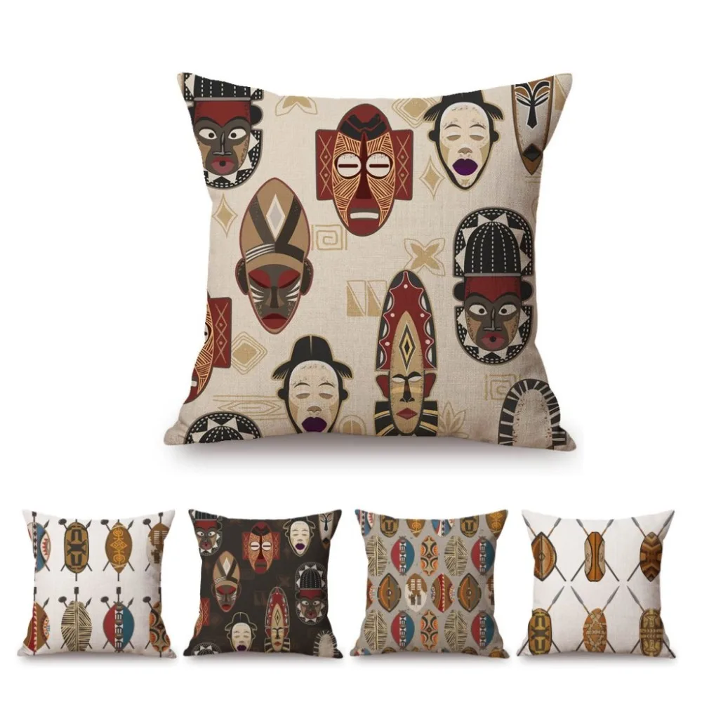 

African Tribe Mask Shield Cartoon Design Sofa Throw Pillow Case Ancient Africa Horde Pattern Cotton Linen Chair Cushion Cover