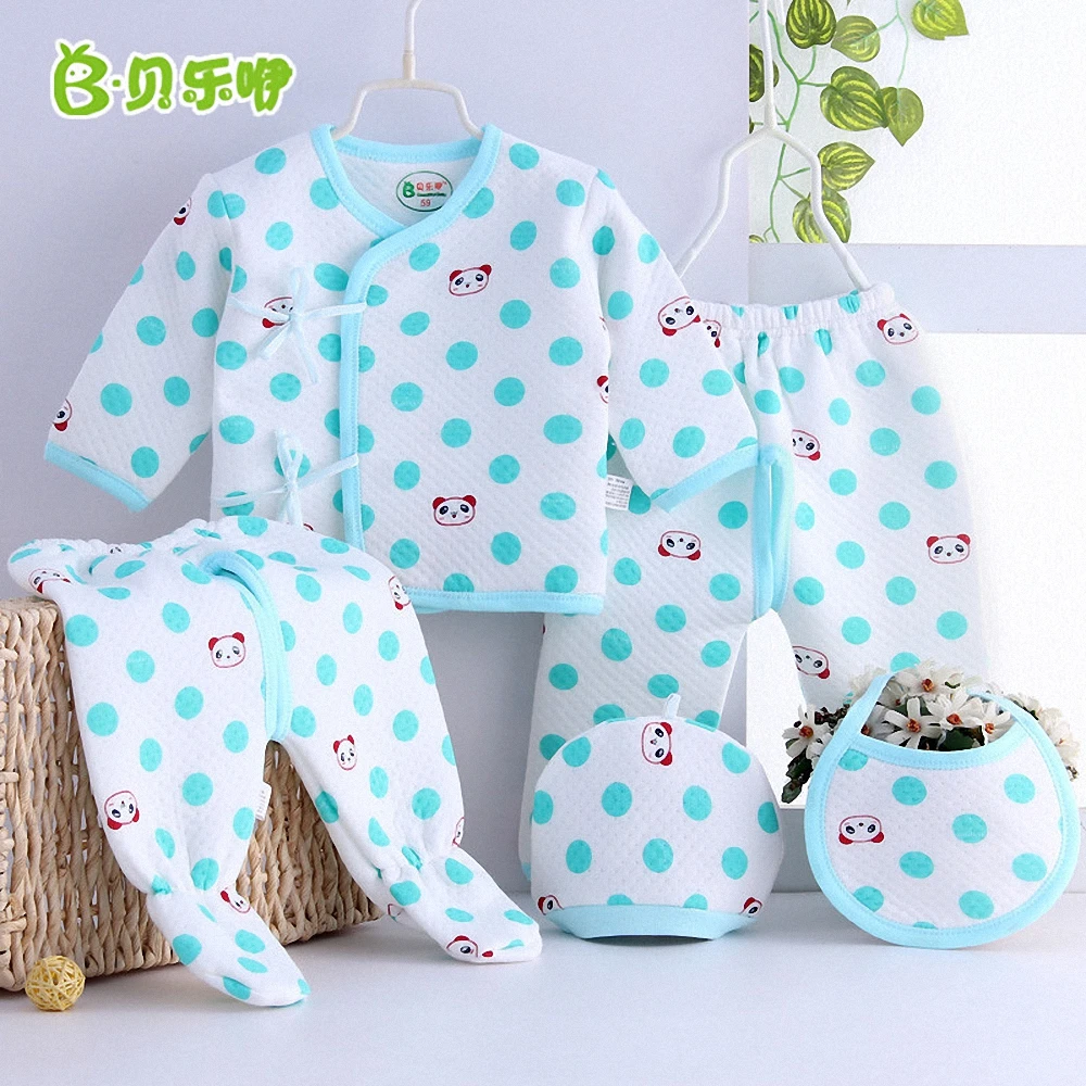 

Baby boy girl Autumn Winter cartoon 5pcs set 100% cotton soft clothes for 0-3M infants undershirt+2 pants+hat+bibs baby set