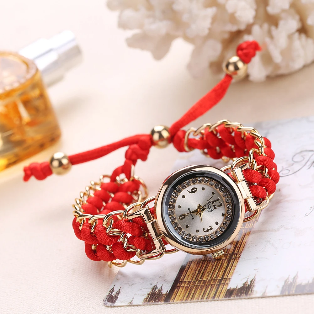 

Fashion Women Rhinestone Braided Rope Band Bracelet Quartz Analog Wrist Watch