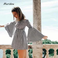 

Muridou 2017 women sexy slash neck women dress flare sleeve women stripe autumn dresses stylish vestido