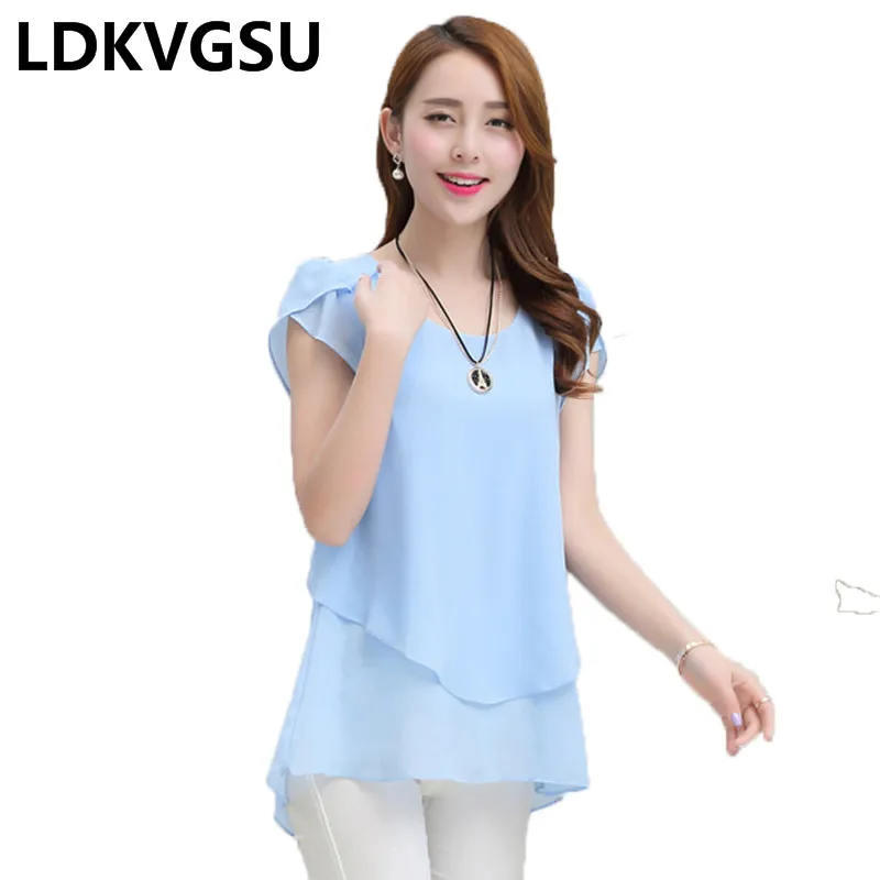 Summer Elegant Short Sleeve Blouses Women 2018 New Round Neck 6Colors Splice Chiffon Shirts Tops Femme Loose Plus Size 5XL Is325 | Женская