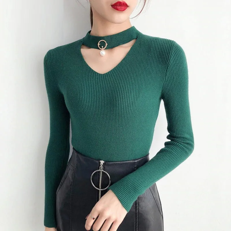 

Korean Sweaters For Women Basic High Elastic Knitted Sweater Woman Sexy V-Neck Pullovers Long Sleeve Slim Pull Femme 2018 GKFNMT