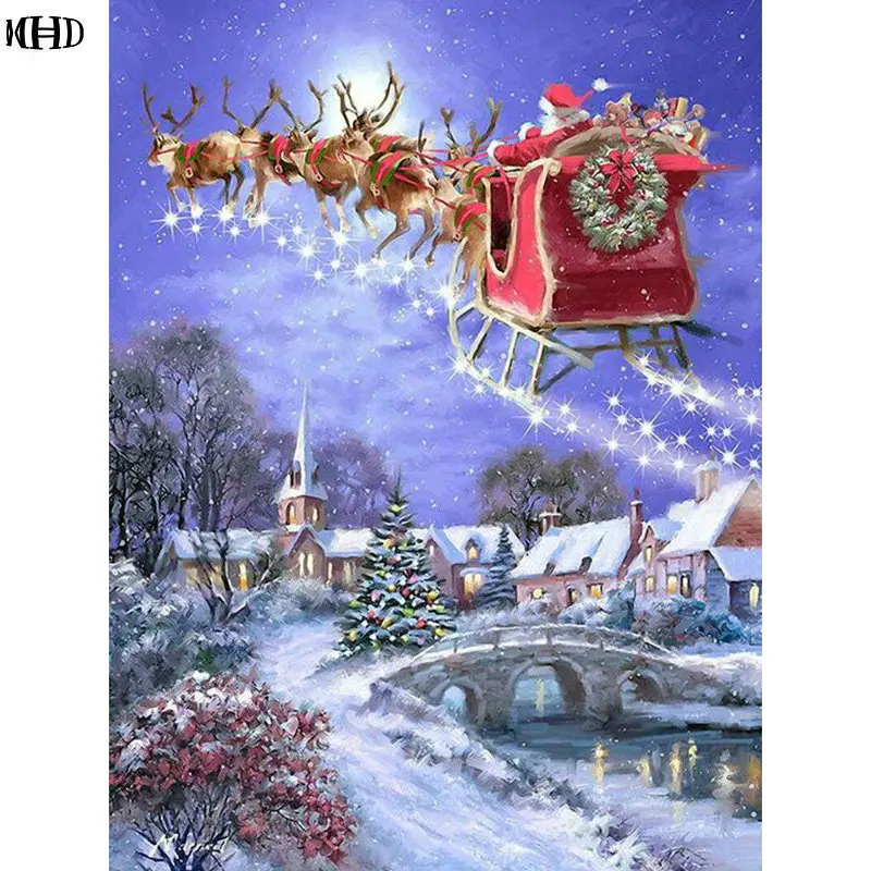 

Full Diamond embroidery Santa Claus deer 5D diamond cross stitch winter landscape icon Christmas decorative Diy Diamond painting