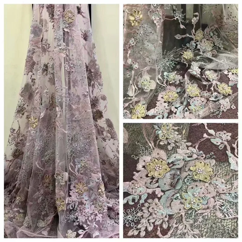 

High Quality Lace Fabric Bridal Lace, Latest French Lace Fabric In Peach, 3D Flower Lace Wedding Dresses HJ814-1