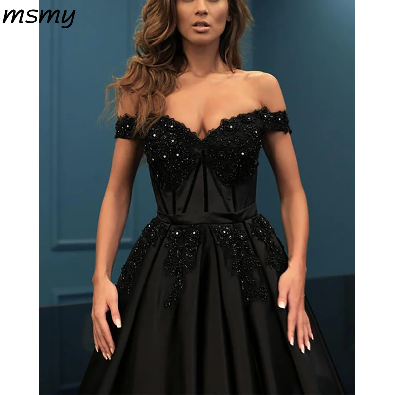 Elegant Lace Beaded Off Shoulder Satin Prom Dresses Ball Gowns