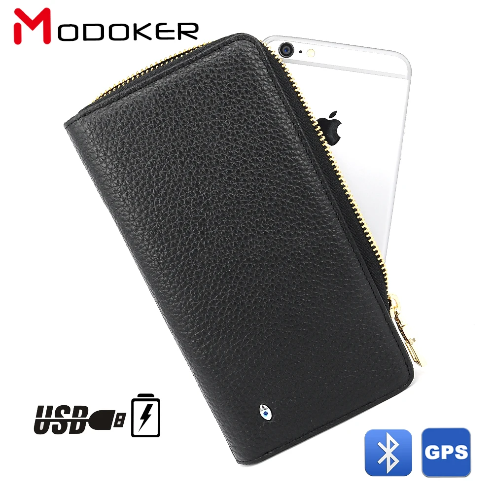 Modoker Genuine Leather Male Clutch Smart Wallets with USB charge Portable Source GPS Tracker & Bluetooth Finder Black