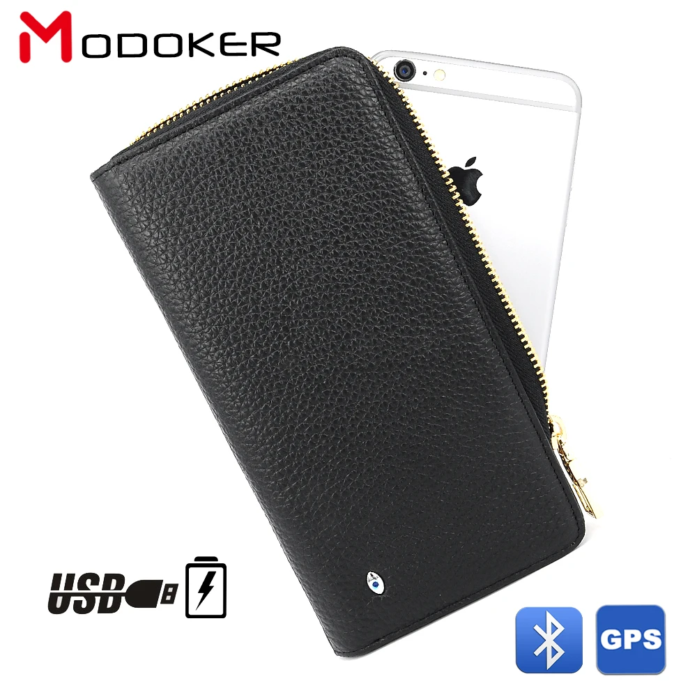 Мужской умный клатч Modoker черный из натуральной кожи с USB зарядкой GPS трекером и
