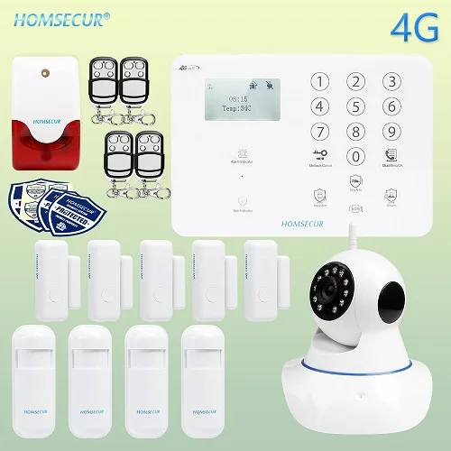 HOMSECUR 2 комплекта для выбора беспроводной и проводной 4G/GSM охранная сигнализация+ беспроводная IP камера