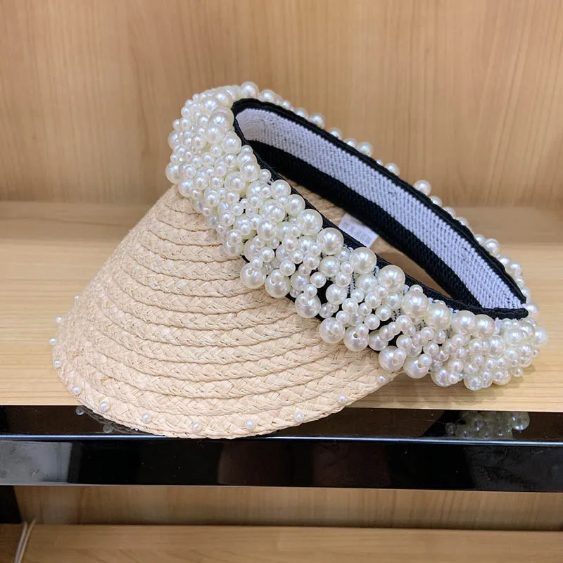 أنيقة جديد أزياء القش قناع مع مئات من اللؤلؤ النساء الشمس قبعة واقية SPF 50 + الأشعة فوق البنفسجية حماية واسعة حافة الشاطئ كاب الرافية