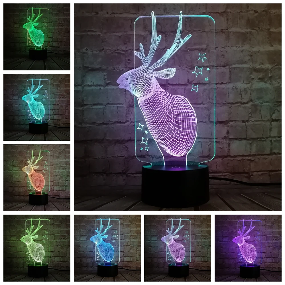 

Lovely fairy 3D Christmas Deer illusion Bedroom Office Home Desk Table Decor Lamp Child Kids Night Lights Holiday Party Gifts