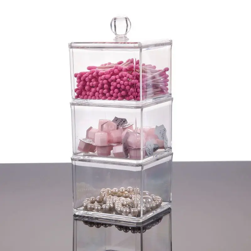 

New Clear Acrylic Three Layers Multifunction Cotton Swab Box Tissue Case Removable Makeup Organizer Storage Box With Cover