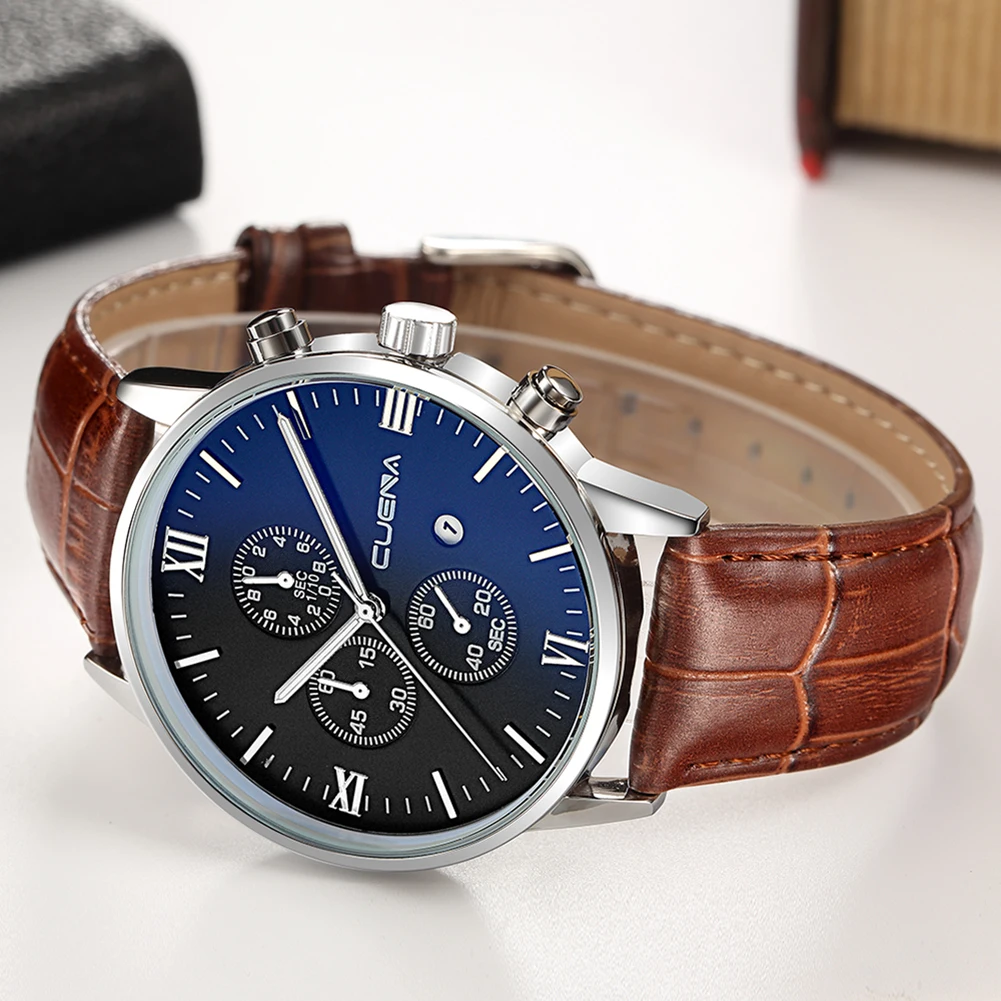 

Men Genuine Leather Band Roman Numerals Calendar Date Analog Quartz Wrist Watch