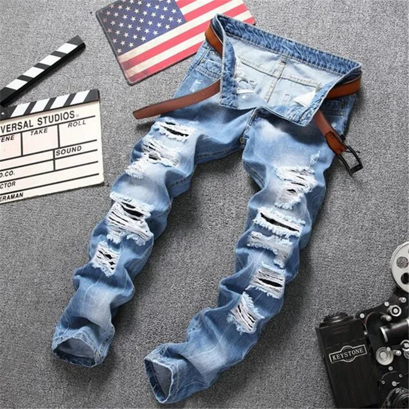 

2018 High Quality Light Blue Denim Joggers Male Ripped Jeans Men Distressed Slim Fit Jeans Destroyed Denim Jeans Trousers