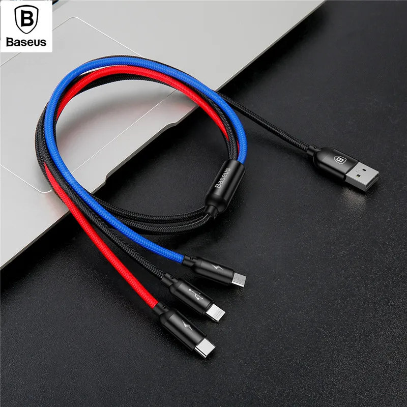 Beste BASEUS 3in1 Usb kabel Micro USB Charger Cord + Type C Lader Kabel 3.5A Opladen Data Kabel Usb kabel voor iPhone