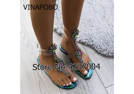 Vinapobo/Размеры 35-43; богемные летние женские сандалии-гладиаторы с кристаллами; женская обувь со стразами и ремешками; прозрачная лента; сандалии на плоской подошве