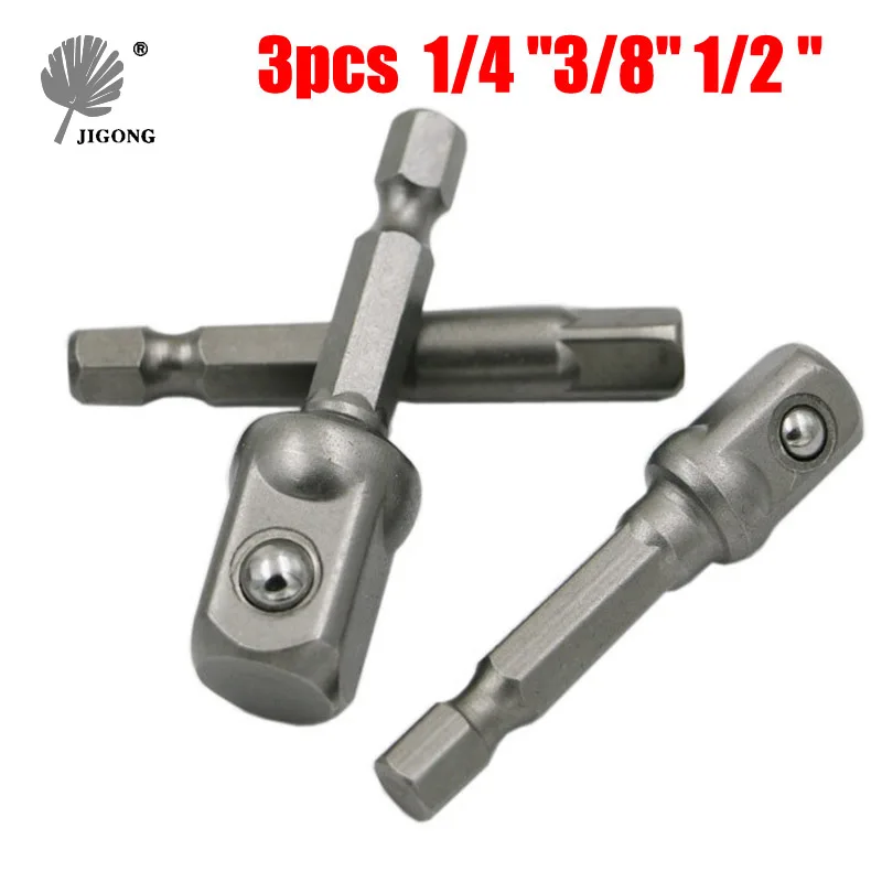 JIGONG 3 Sizes Socket Adapter Set 1/4 Hex Shank To 1/4" 3/8" 1/2" Socket Bit Adapter Drill Nut