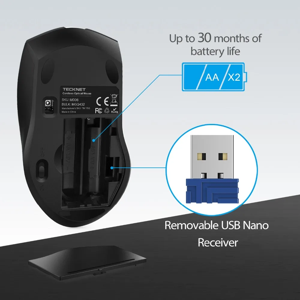 Tecknet альфа эргономичный 2.4 г беспроводная оптическая мобильная мышь с usb nano-приемник для портативных пк компьютер 6 кнопки