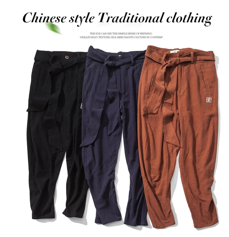 MRDONOO мужские льняные брюки в китайском стиле, большие свободные широкие штаны, шаровары в стиле ретро, хлопковые льняные длинные штаны K32