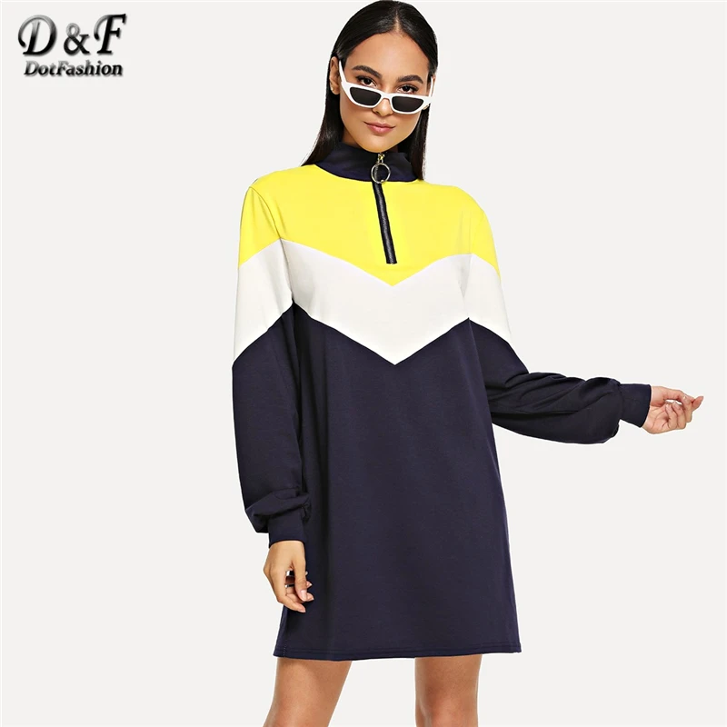 

Dotfashion Color Block Zipper Stand Collar Sweatshirt Dress Women Casual Fall Long Sleeve Ladies Multicolor Straight Short Dress