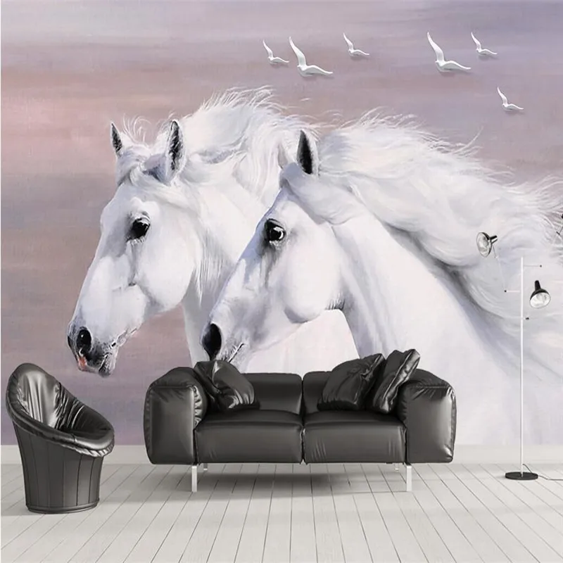 

European hand-painted white couple horse flying birds background wall painting professional production wallpaper mural custom ph