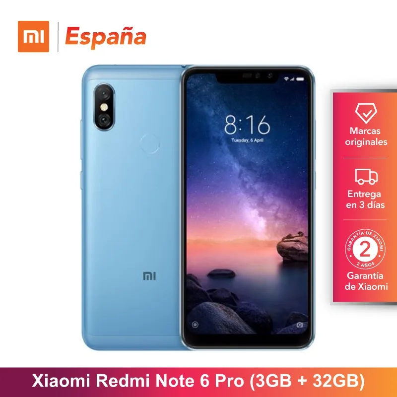 [Versión Global para España] Xiaomi Redmi Note 6 Pro (Memoria interna de 32GB, RAM de 3GB, bateria 4000, Cuatro cámaras con IA)