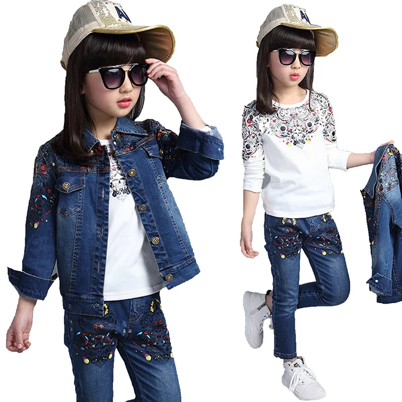 

2018 Spring Fall Fashionable Children Cowboy Suit Girls Turn-Down Collar Buttons Denim Blue Leisure Three-Pieces Girl Set 4-15T