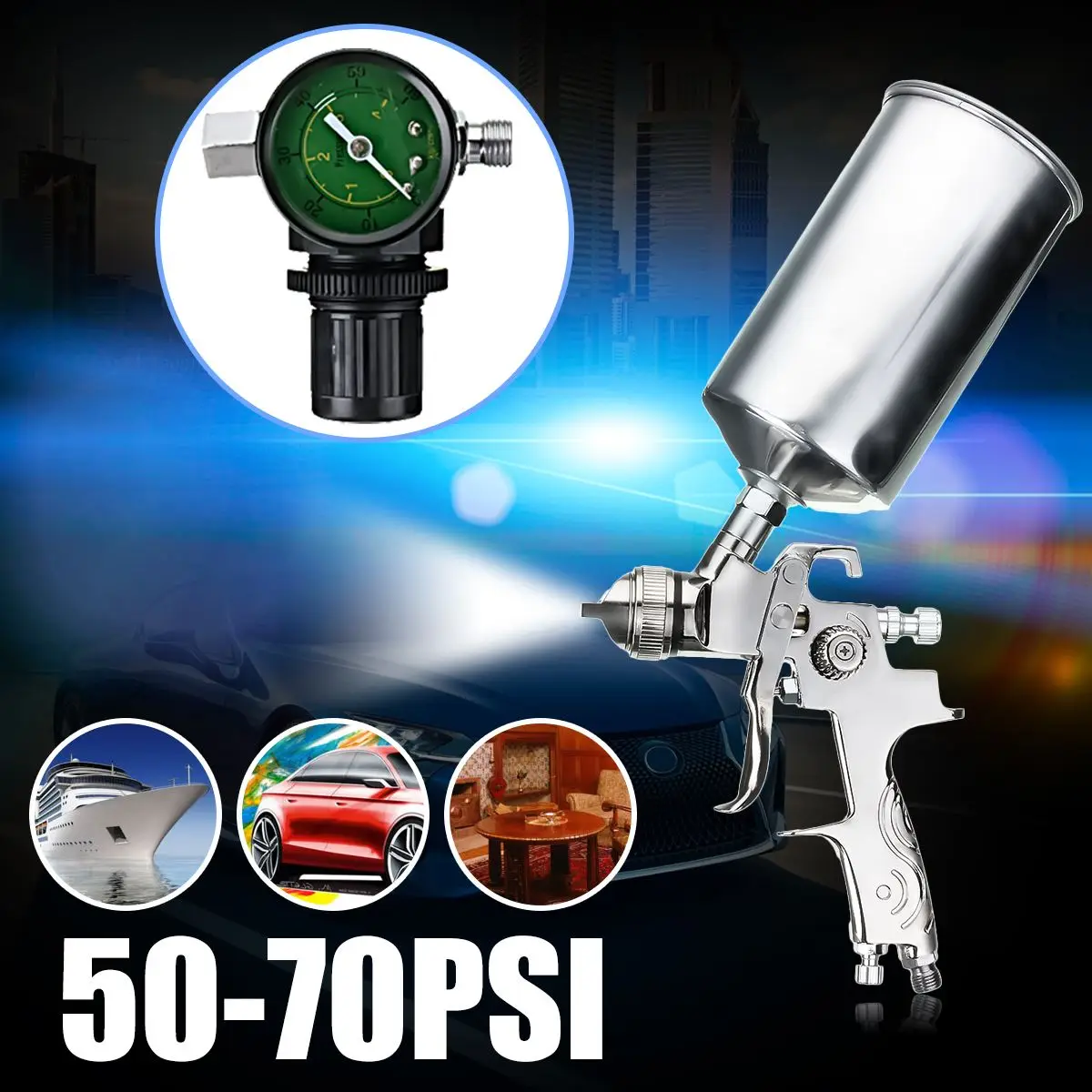 

50-70PSI 1.4mm HVLP Gravity Feed Spary Gun Set Airbrush Regulator Auto Paint Primer Metal Flake