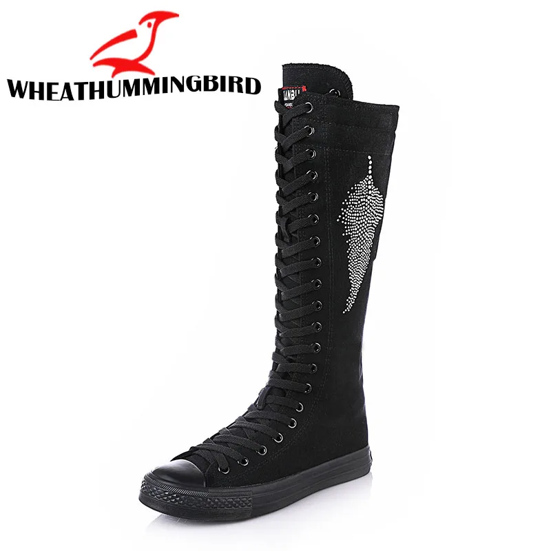 Размер 34-43, женские модные высокие ботинки на плоской подошве с кристаллами повседневные парусиновые ботинки на плоской подошве с высоким голенищем обувь, увеличивающая рост MA-76G - Цвет: black white Increase