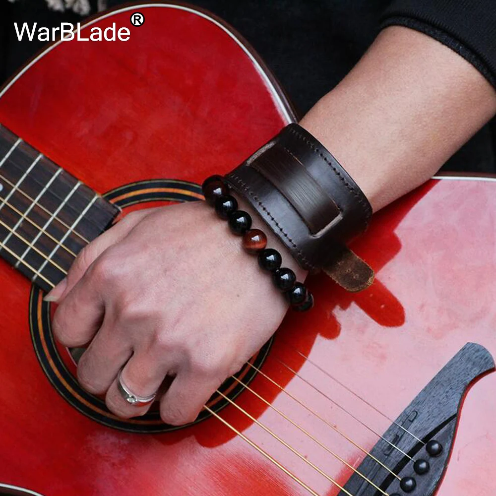 WarBLade New Fashion Men Wide Genuine Leather Bracelet Brown Wide Cuff Bracelets & Bangles Vintage Punk Wristband Men Jewelry