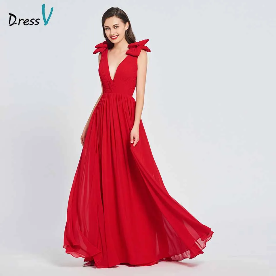 

Dressv red elegant v neck long prom dress a line bowknot backless floor length evening party gown prom dresses customize