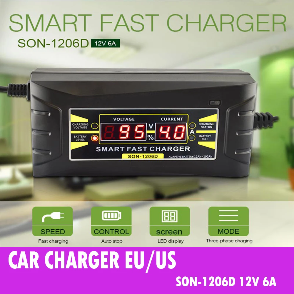 

Automatic Full Smart 12 V 6A Lead Acid Car Battery Charger LCD Display US EU Plug Smart Battery Quick Charger accessories