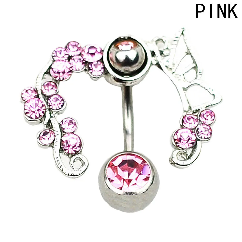 1 Piece!!! Hot Sale Pink Flower Crystal Navel Bars Gold Belly Button