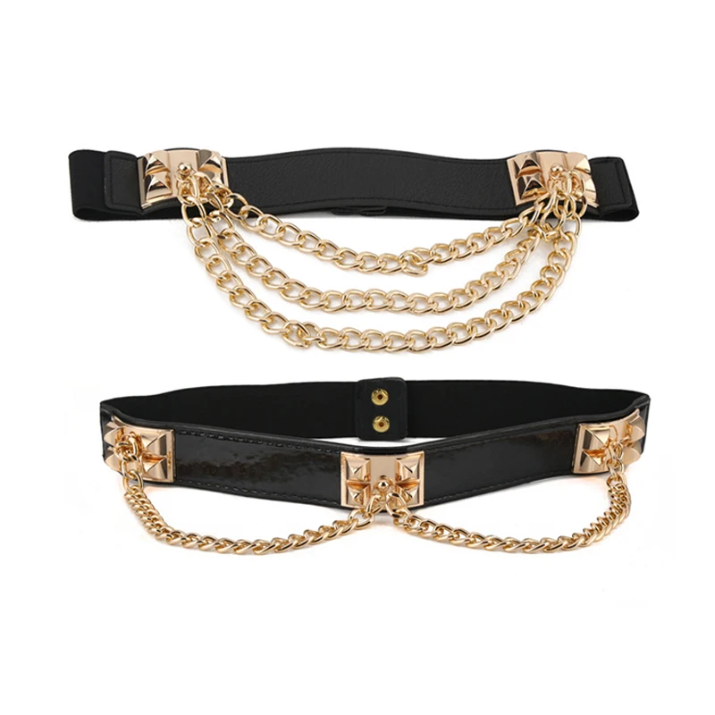 200PCS / LOT New Women Elastic PU Leather Belts Gold Metal Chain Decoration Waist Belt Ladies ...