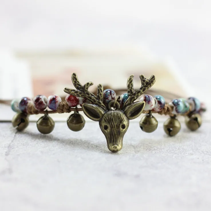 2018 Bohemia Deer Horn Ceramic Bead Bracelets 4 Colors Rope Chain Retro