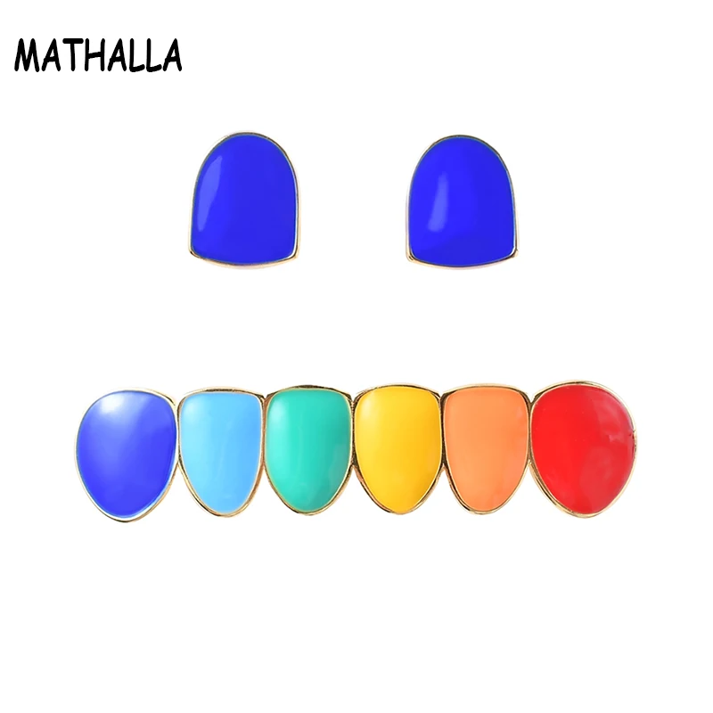 

Rainbow Hiphop Gold and Silver New Punk Round Single Teeth Mix Colorful 69 Oil Dental Grillz Top and Bottom