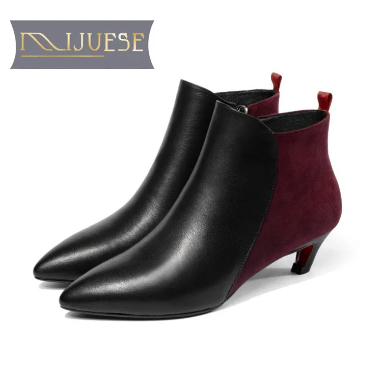

MLJUESE 2019 women ankle boots Cow leather zippers Mixed colors winter warm short plush Hoof heels boots women boots size 33-40